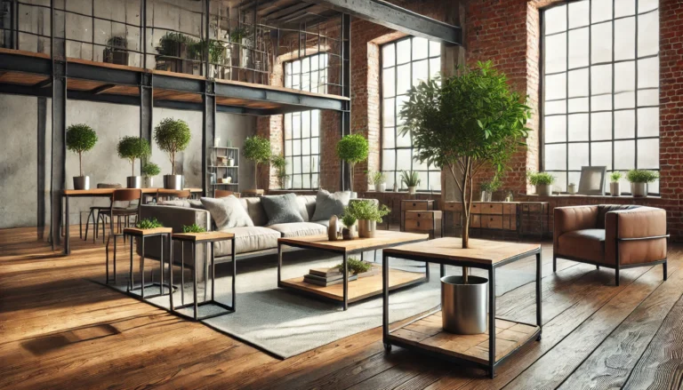 Industrialny kwietnik i komplet stolików kawowych – idealne dodatki do nowoczesnego salonu